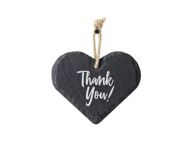 Welsh slate heart shaped hanging sign engraved with the words thank you 